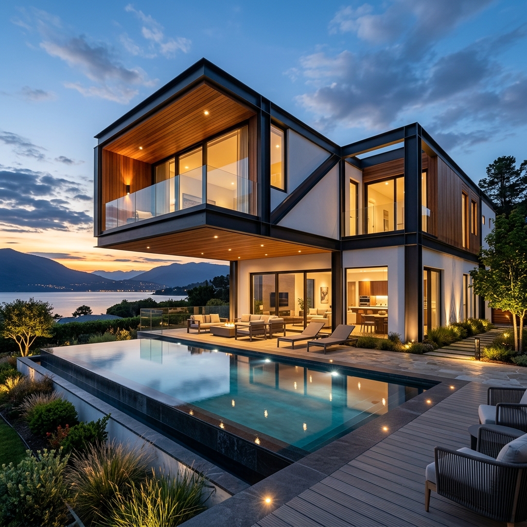 Konsol çıkmalı lüks çelik villa ve iki katlı modern mimari proje