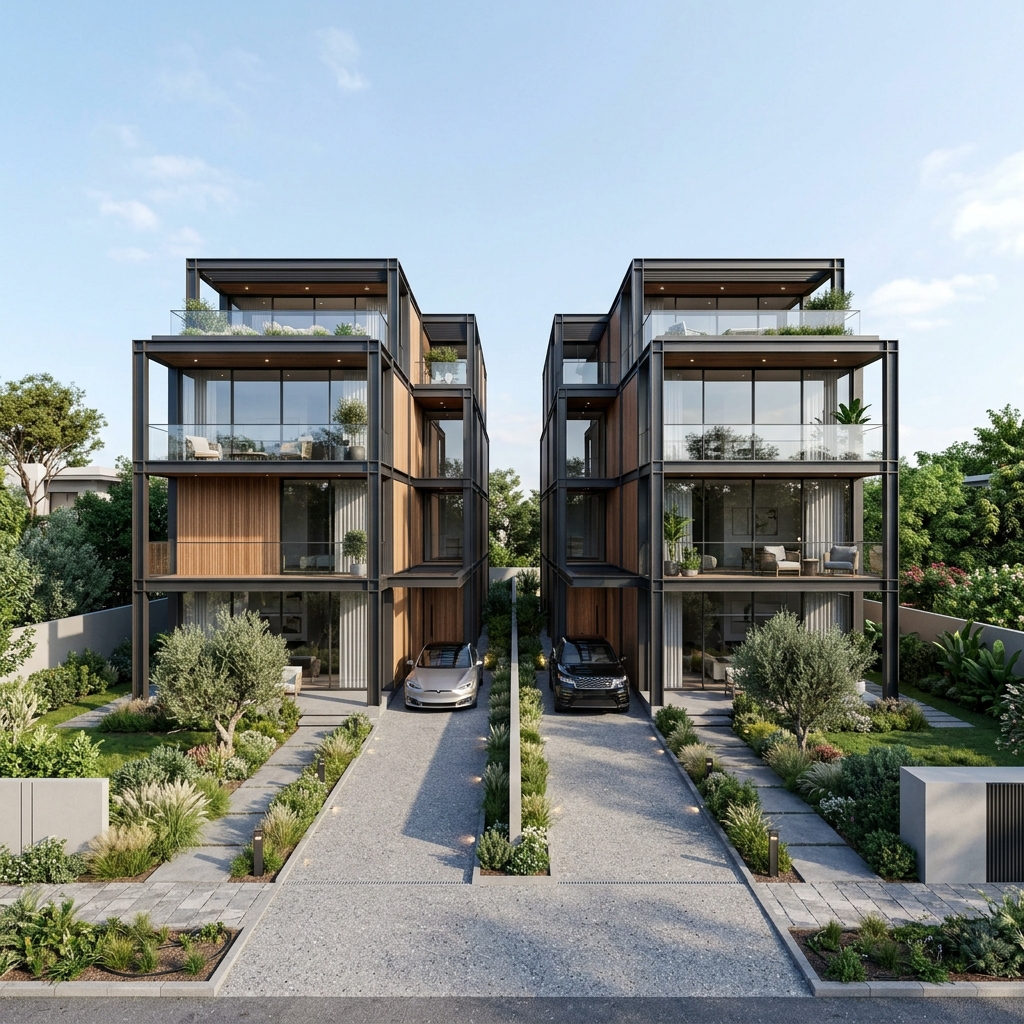 Simetrik ikiz çelik villa kompleksi ve çok odalı çelik ev modeli